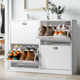 HAOYYE Modern White Shoe Cabinet with 2 Rows and 4 Drawers Storage Organizer Particle Board Shoe Rack for Entryway Hallway Living Room Bedroom Space-Saving Design Easy Assembly